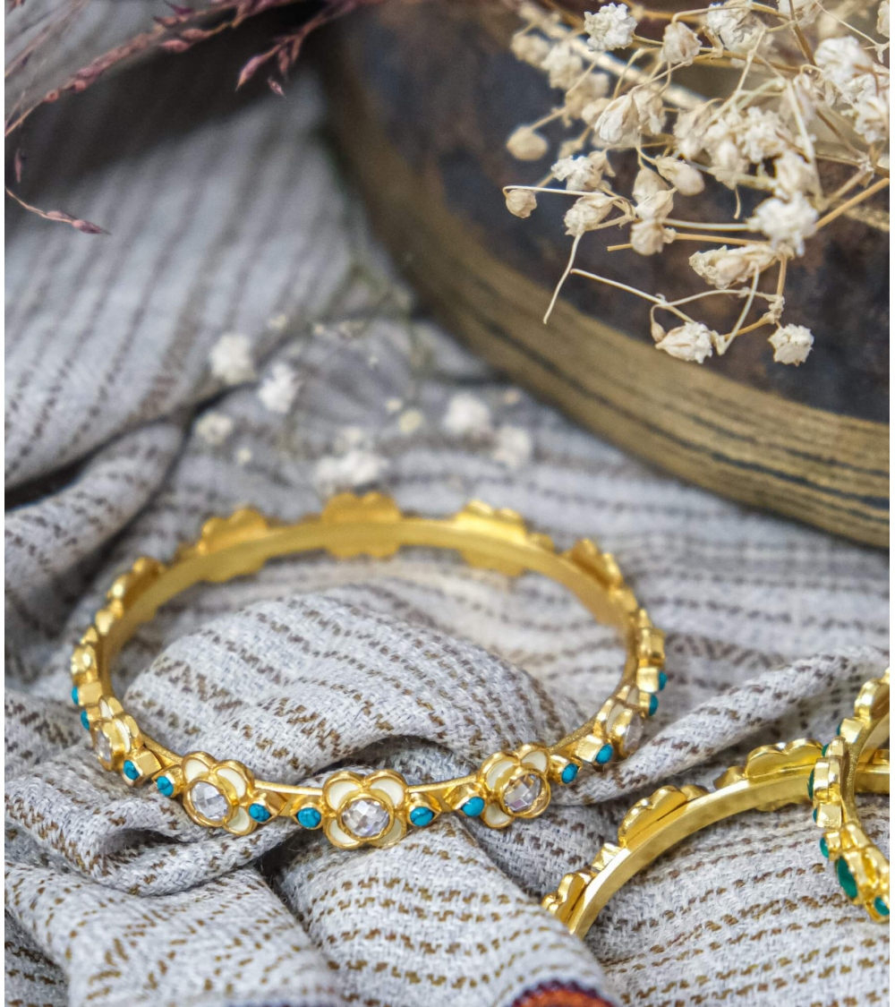 Bracelet indien argent plaqué or et turquoises