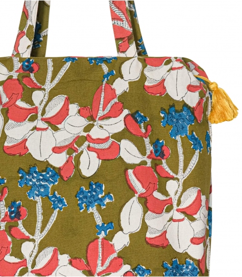 Tote bag imprimé zippé 41x46x13 cm - Iris olive