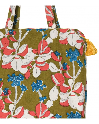 Zipped printed tote bag 16x18x5 inches - Iris olive