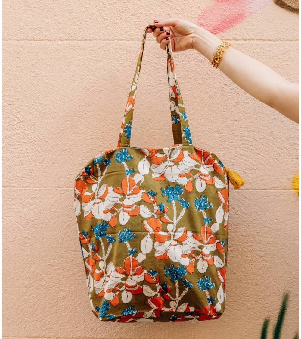 Zipped printed tote bag 16x18x5 inches - Iris olive