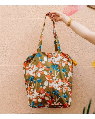 Tote bag imprimé zippé 41x46x13 cm - Iris olive